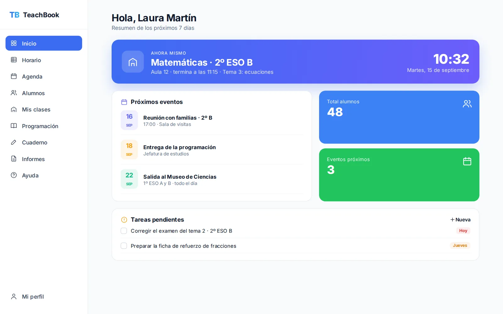 TeachBook, pantalla principal